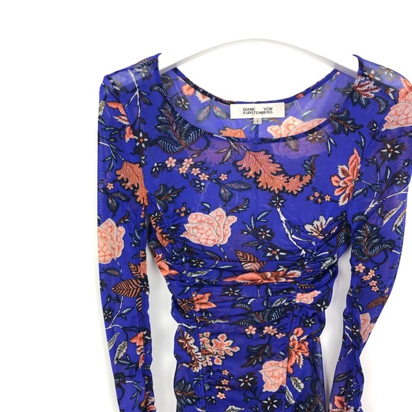 DVF | Canton Blue Mesh Overlay Blue Ruched Dress 4 - Picture 6 of 8